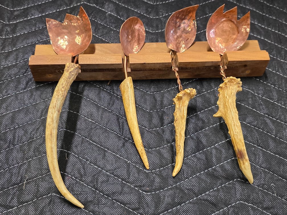 Handmade Rustic Wall Hooks Featuring Forged Copper Spoons and Deer Antler Handles