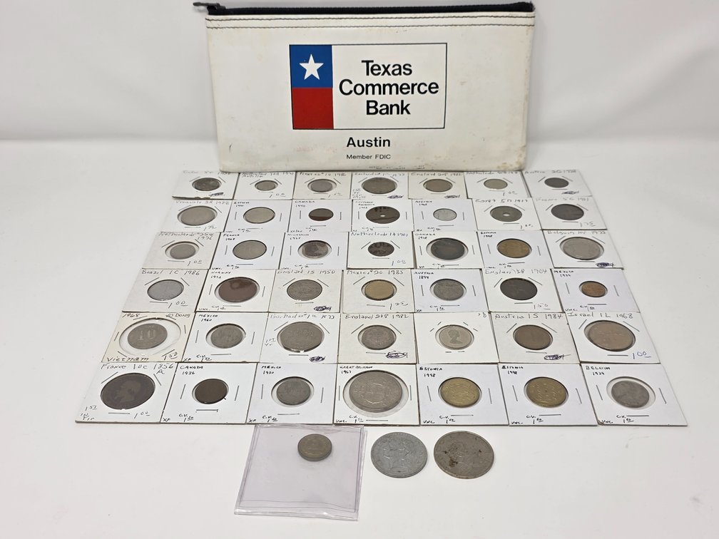 (45) Assorted Foreign Coins & Bank Bag