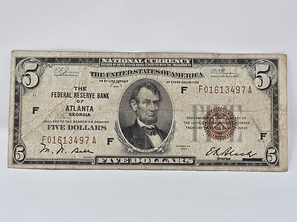 Series of 1929 National Currency $5 Dollar Note - Federal Reserve Bank of Atlanta Georgia