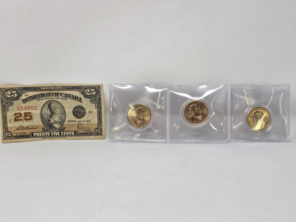 1923 Dominion of Canada 25-Cent Fractional Note & (3) $1 Presidendal Dollar Coins