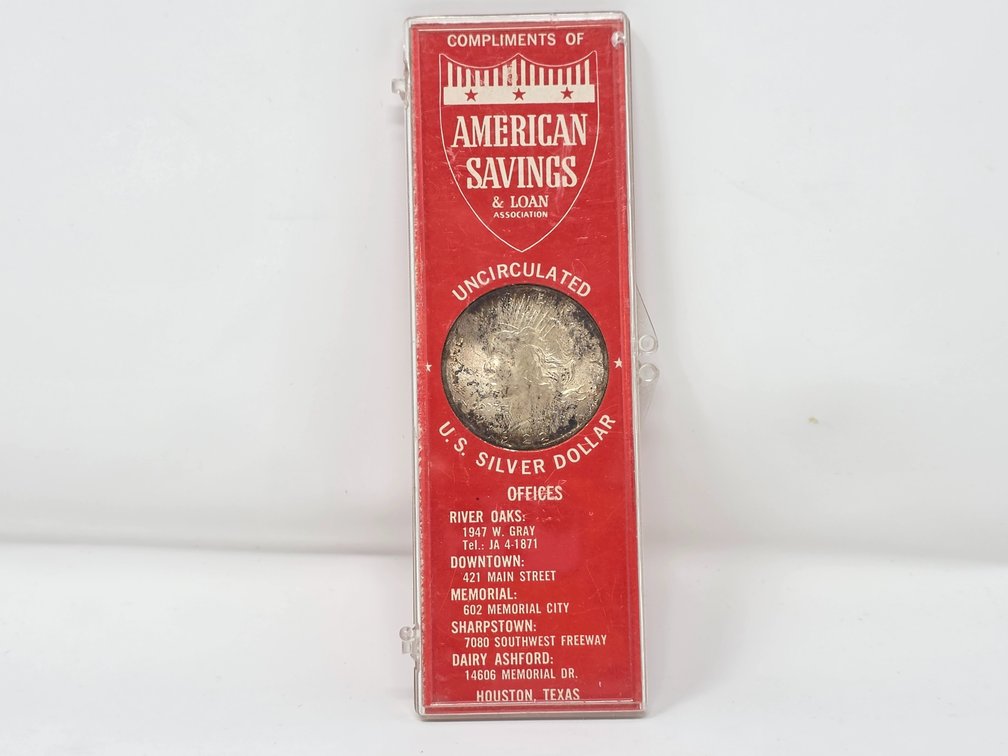1922 Silver Peace Dollar in Vintage American Savings & Loan Holder
