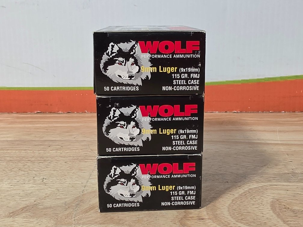 Wolf 9mm Luger 115Gr FMJ (3) Boxes of 50