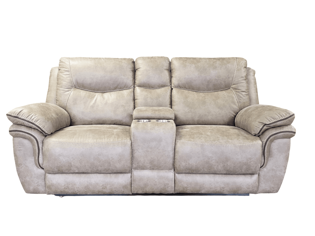 Dual Reclining Love Seat w/ Console and Cup Holders – Gray Faux Leather – Excellent Condition - Measures 74" Long x 41" Tall x 36" Deep