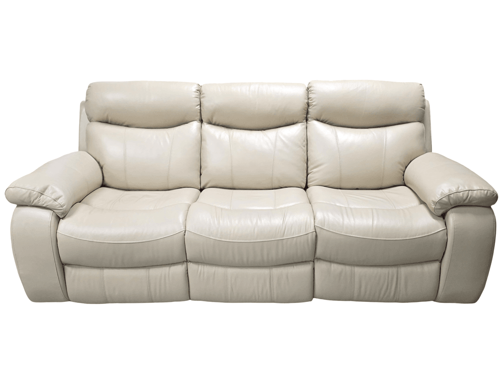 Cream Leather-Style Dual Power Reclining Sofa - Excellent Condition - Measures 40" Tall x 82" Wide x 39" Deep