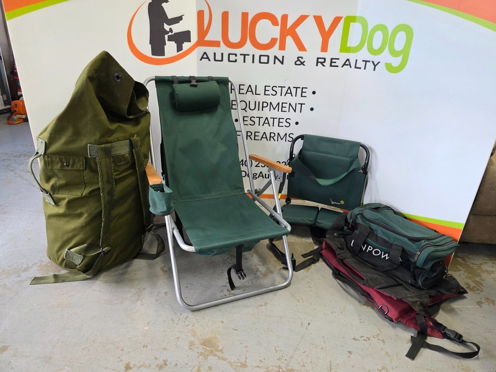(2) Stadium Chairs - Beach Lounge Chair - Sleeping Bag in Duffel Bag