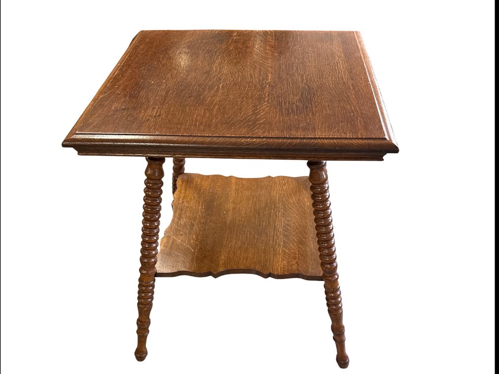 Antique Tiger Oak Side Table w/ Barley Twist Legs + Lower Display Shelf (28” Tall x 24” Width)