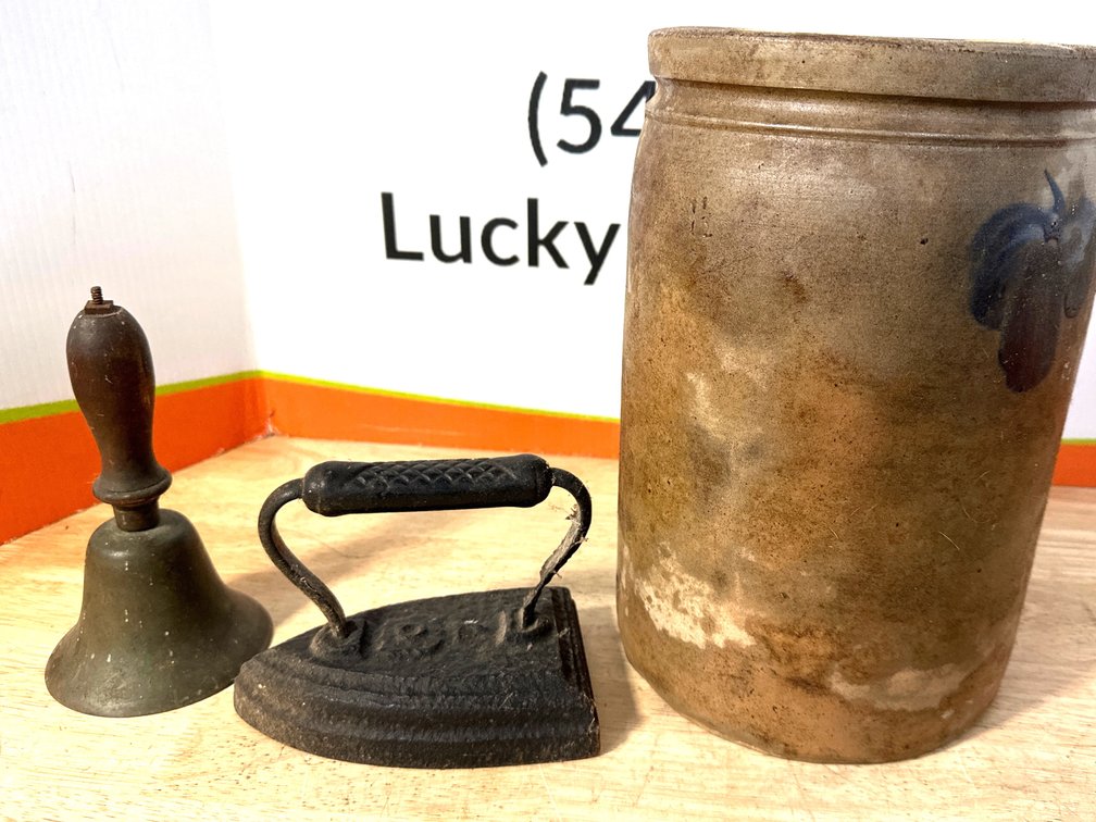 Antique Stoneware Crock - Cast Iron Bell + Sad Iron