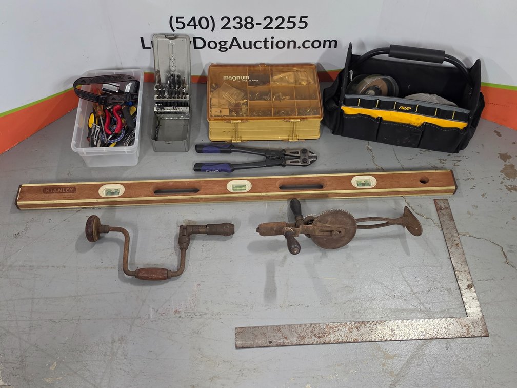 Plano Box w/ Assorted Hardware - Stanley Level - Framing Square - AWP Tool Bag