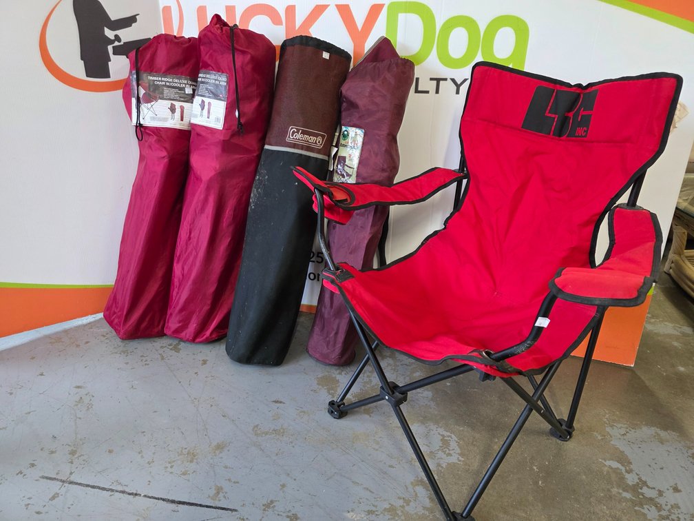 (2) Timber Ridge Deluxe Quad Chairs - Ozark Trail Ultra Lightweight Arm Chair - Coleman Camping Chair - Red Camping Chair