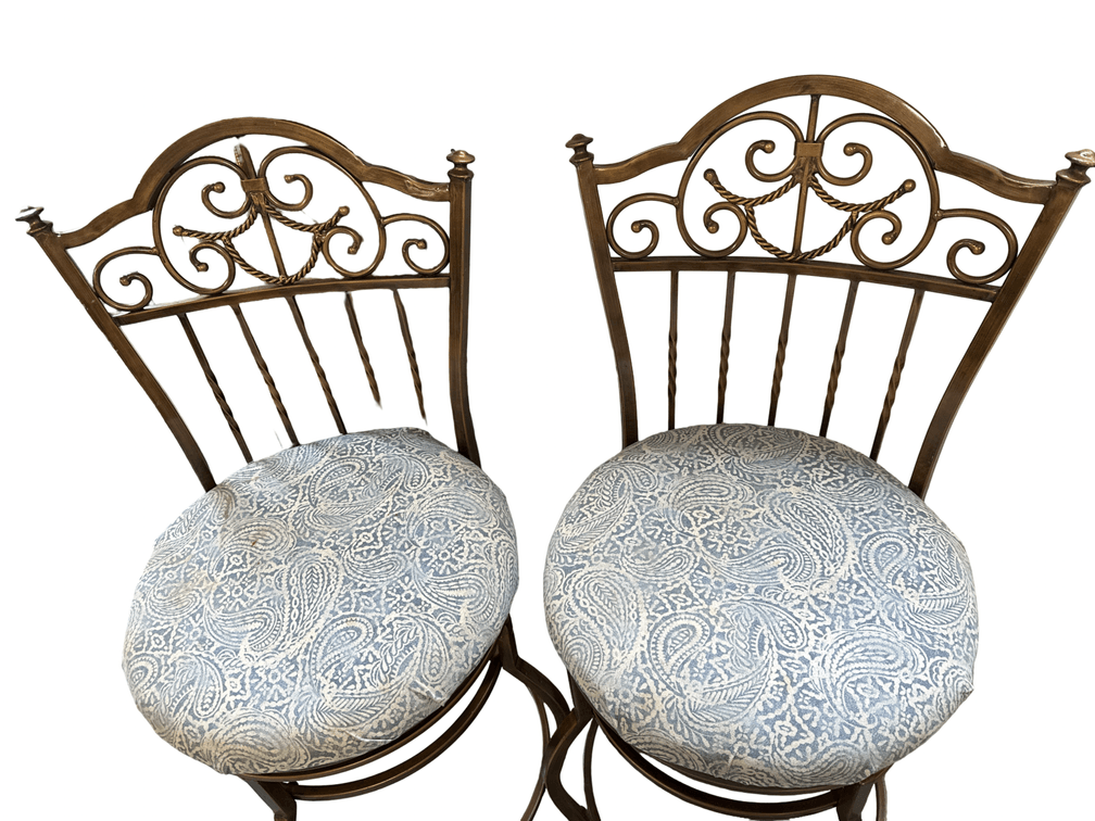 Scroll Back Counter Height Bar Stool w/ Light Blue Paisley Cushioned Seat (2) - 41” H