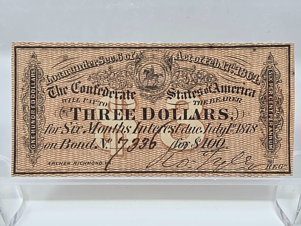 1864 Confederate States $3 Bond Coupon