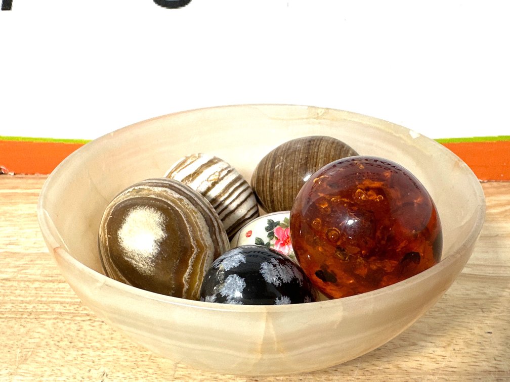 Polished Mineral and Decorative Eggs with Bowl