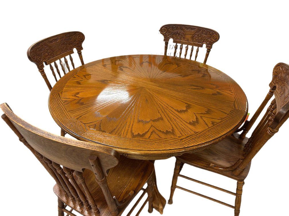 Oak Pedestal Table and Pressed Back Chairs w/ Glass Top
