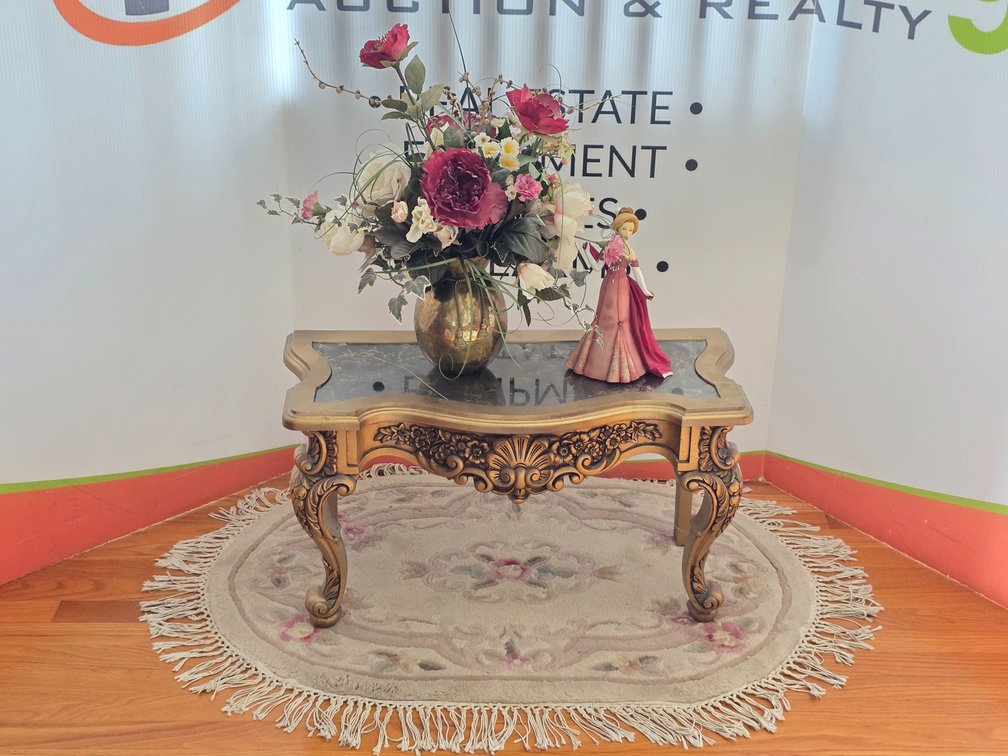French Style Coffee Table - Gold Framed + Dark Marble Top
