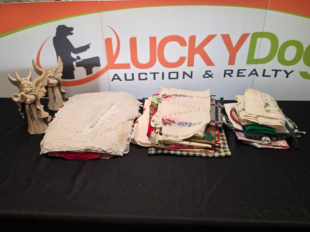 Vintage Table Linens and Angel Figurines