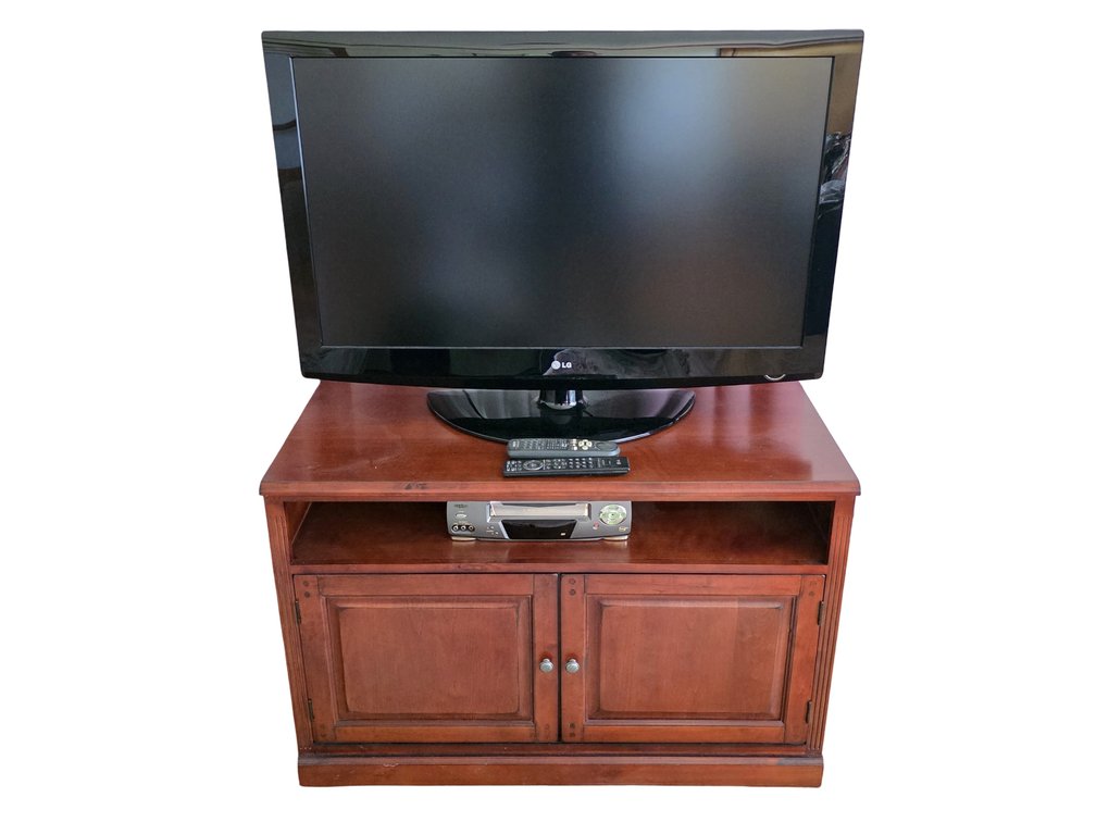 LG Television, Sanyo VCR & Wooden Media Cabinet - 27” x 21” x 42”