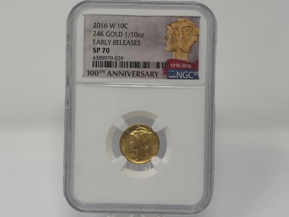 2016-W 1/10 oz 24K Gold Mercury Dime Centennial NGC SP 70