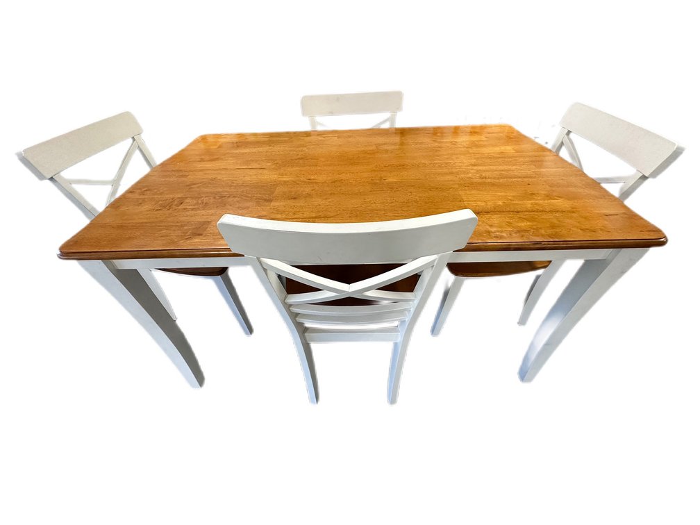 Honey Oak Dining Room Table with White Frame - 60” L x 36” W x 30” H + (4) Chairs 35” H x 19” W x 16.5” D