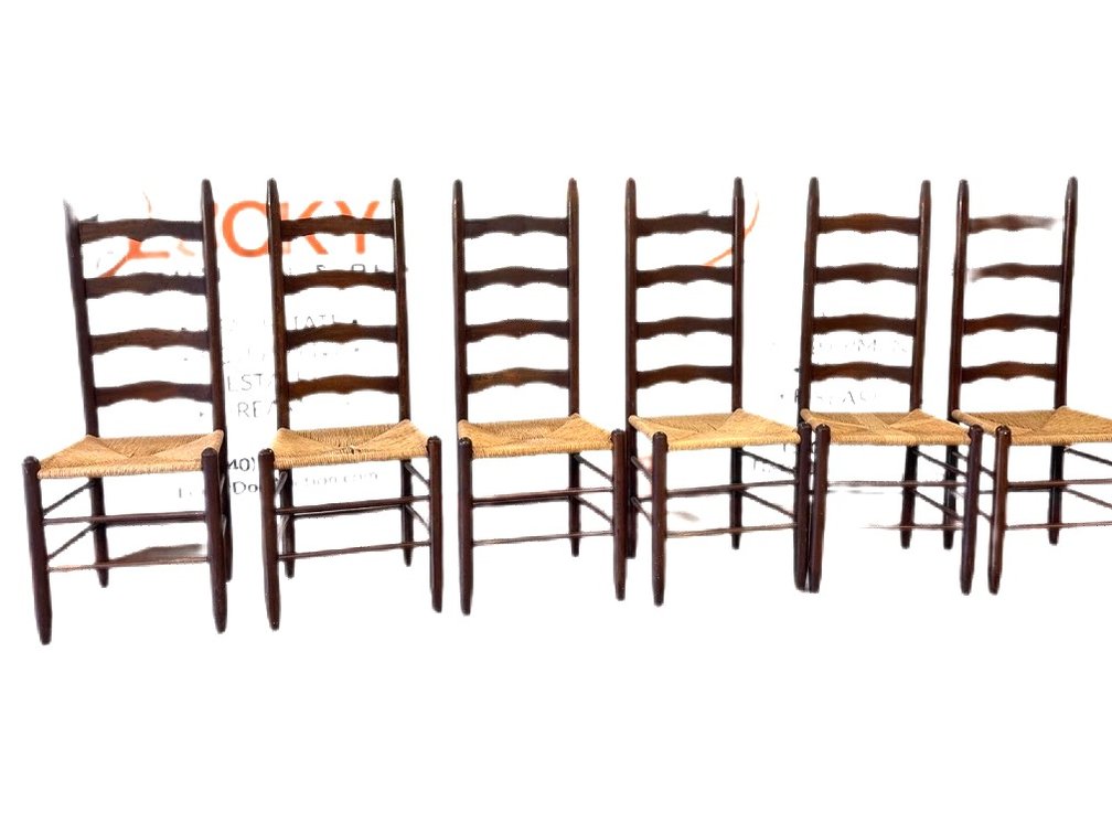 Vintage Ladder Back Chairs with Woven Rush Seats-17.5”T x 16”W x 14”D