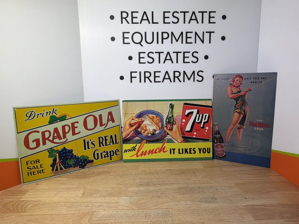 Grape Ola, 7up, and Red Rock Cola Metal Signs- 10” x 16.5”, 17 x 11.5”, 10” x 16.5”