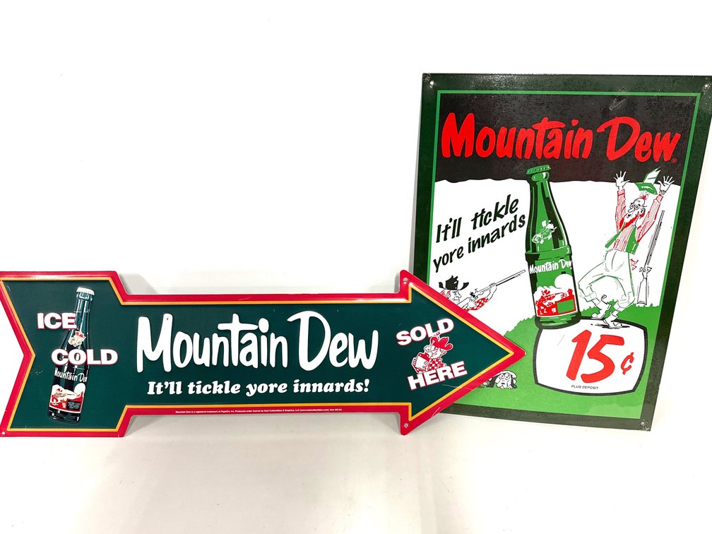 Mountain Dew Metal Signs (2) - 17”x12” - “Sold Here” Arrow 25.5” L