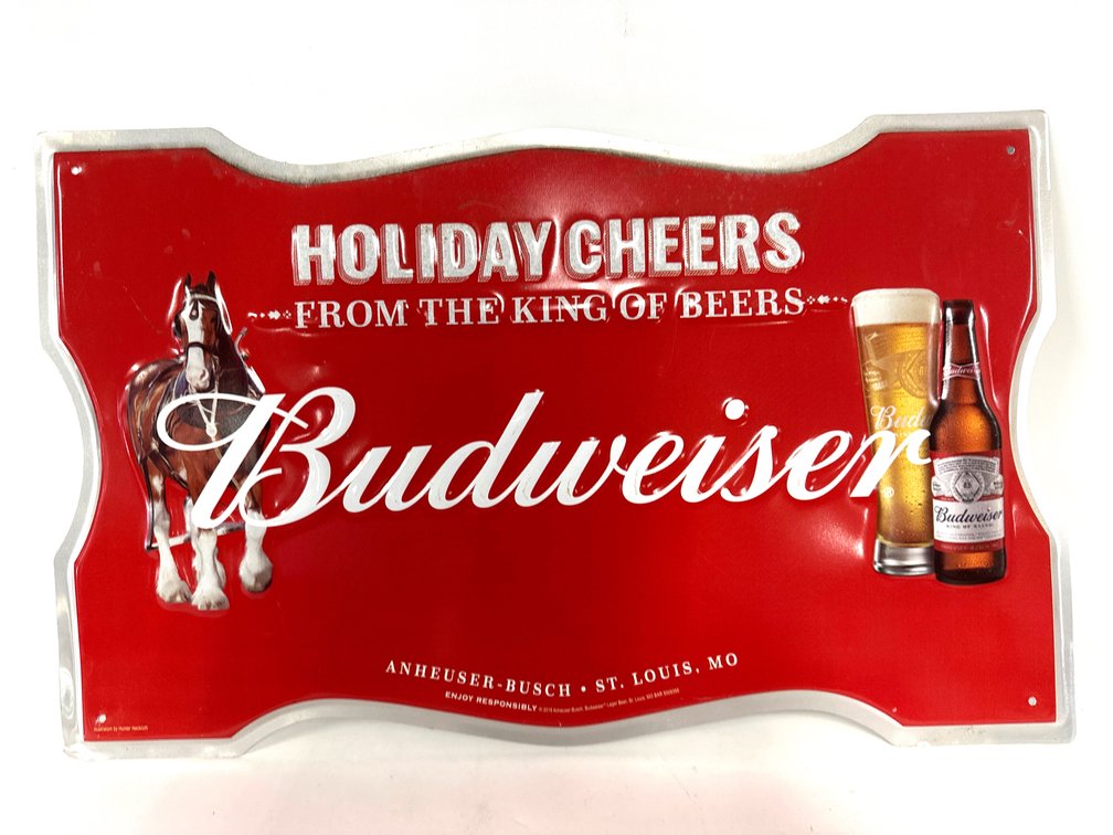 2018 Budweiser Holiday Metal Advertising Sign - 15” x 18”