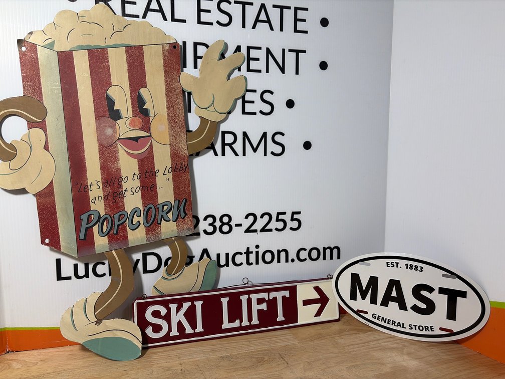 Popcorn, Ski Lift, and Mast Metal Signs- 19”x26”,17.5”x4”, 12”x 7”