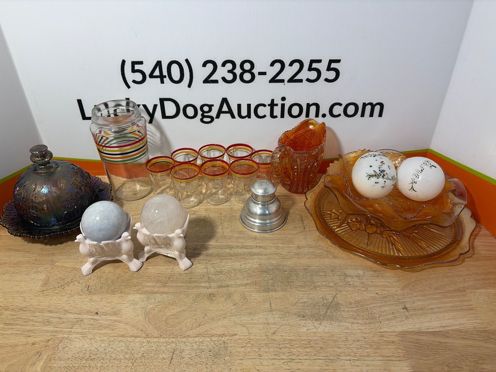 Carnival Glass, Striped Beverage Set, and Decorative Items