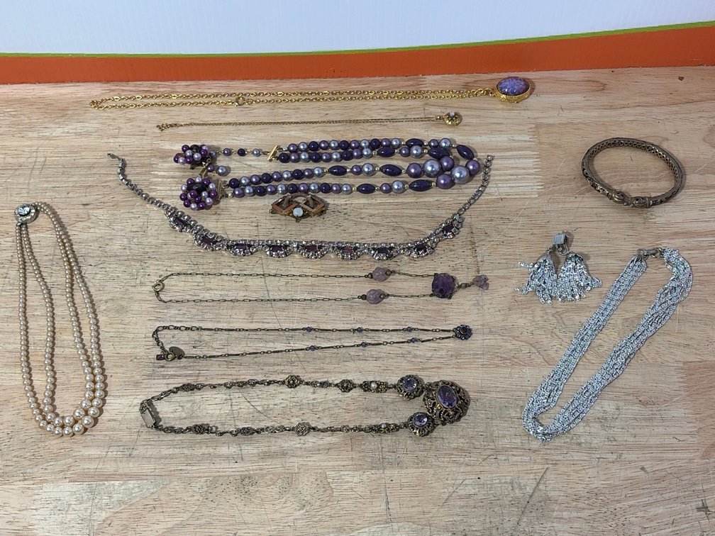 Purple-Tone Rhinestone, Bead, and Faux Pearl Costume Jewelry