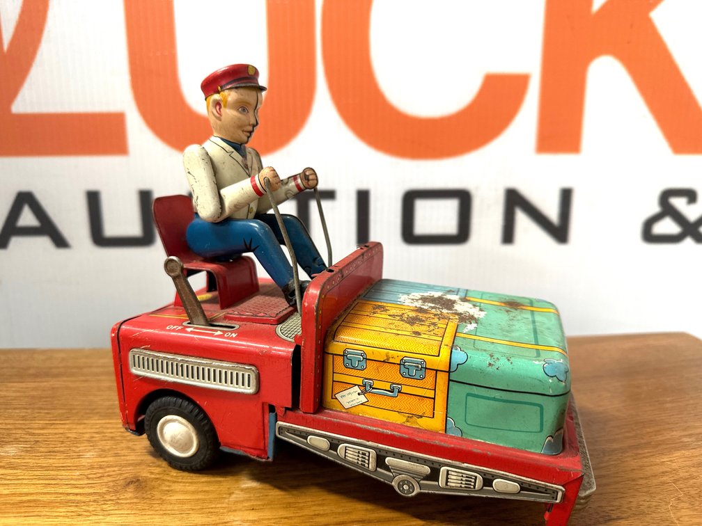 Tin Lithograph Luggage Cart Toy with Driver Figure