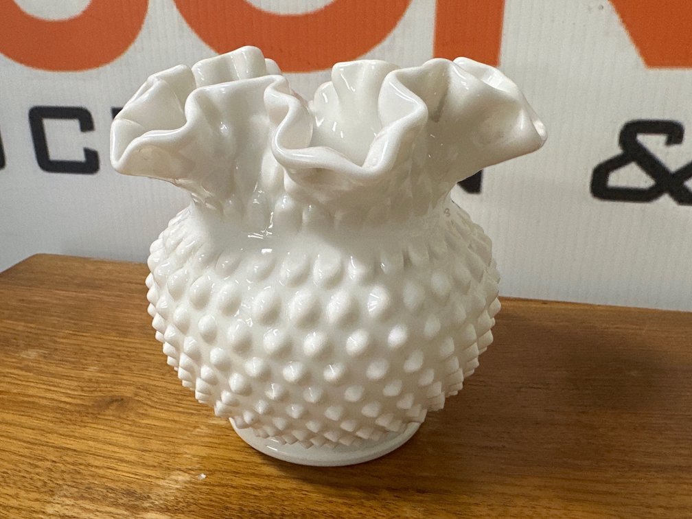 White Milk Glass Hobnail Ruffled Vase