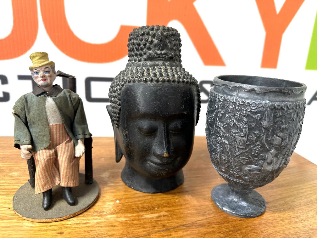 Figurine, Buddha Head Sculpture, and Metal Relief Chalice