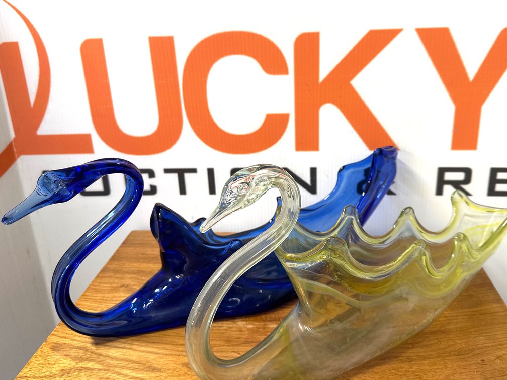 Art Glass Swan Bowls in Cobalt and Clear Glass