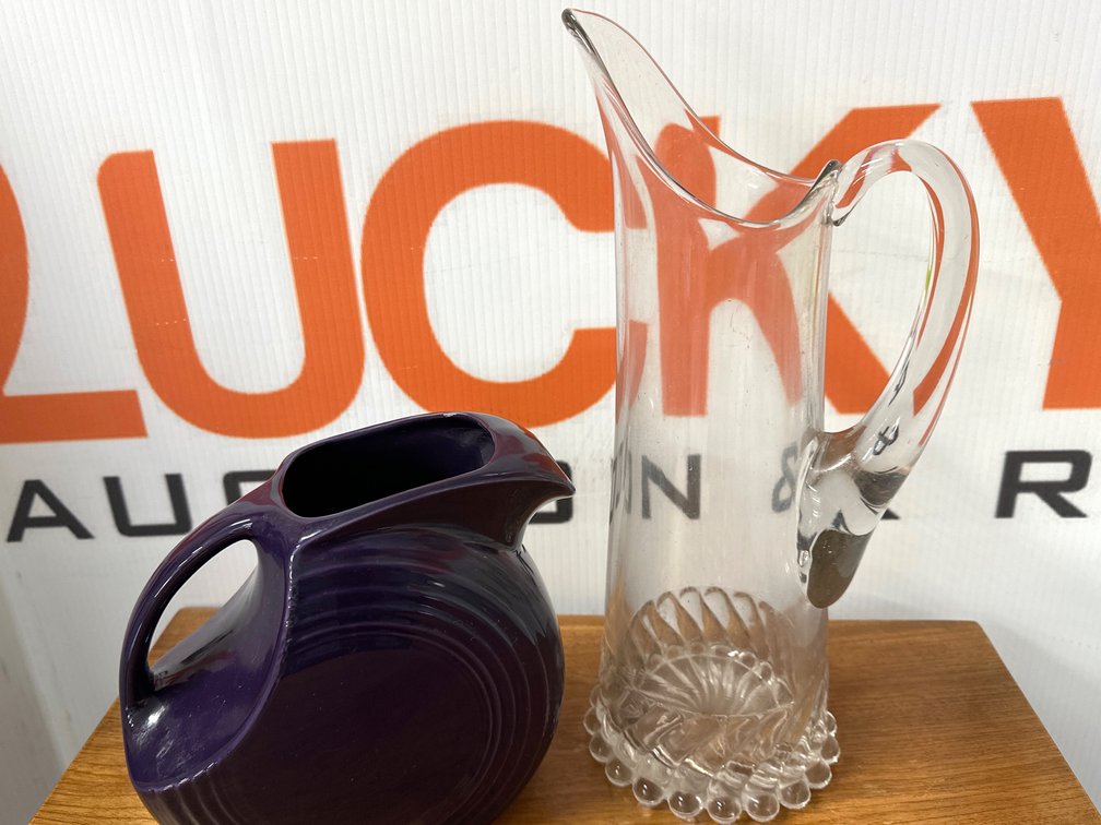 Ceramic Disc Pitcher and Molded Glass Pitcher