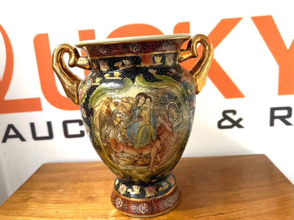 Ceramic Two-Handled Vase with Biblical Scene