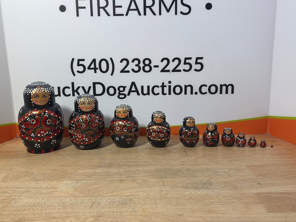 Black Lacquer Hand-Painted Russian Nesting Dolls, Set of 11