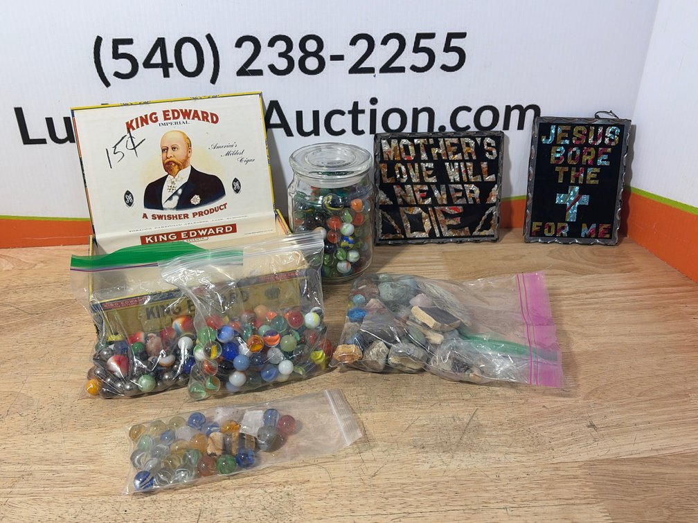 Glass Marbles, Minerals, Foil Art Plaques, and Cigar Box