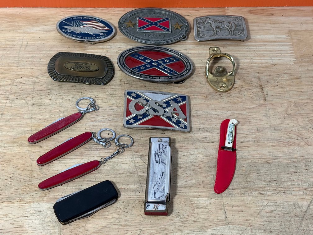 Belt Buckles, Pocket Knives, Harmonica, and Bottle Opener