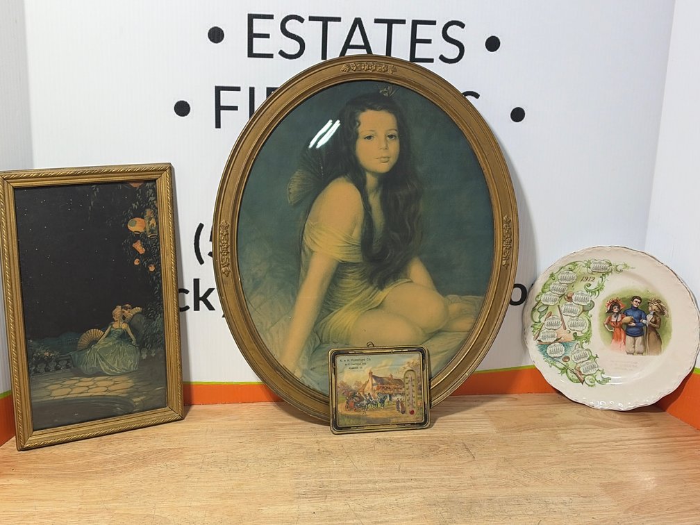 Framed Prints, Advertising Thermometer, and Calendar Plate