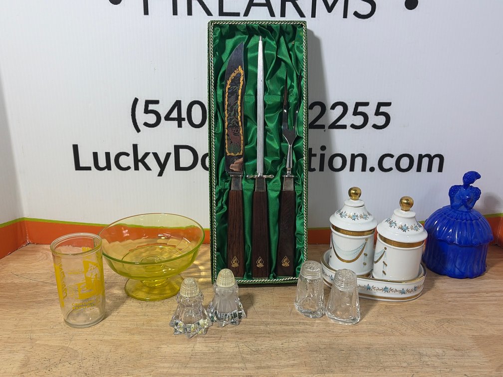 Boxed Carving Set, Glassware, and Porcelain Condiment Set