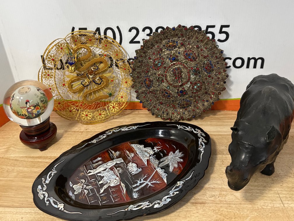 Asian Decorative Objects, Inlaid Tray, Plates, and Figurine