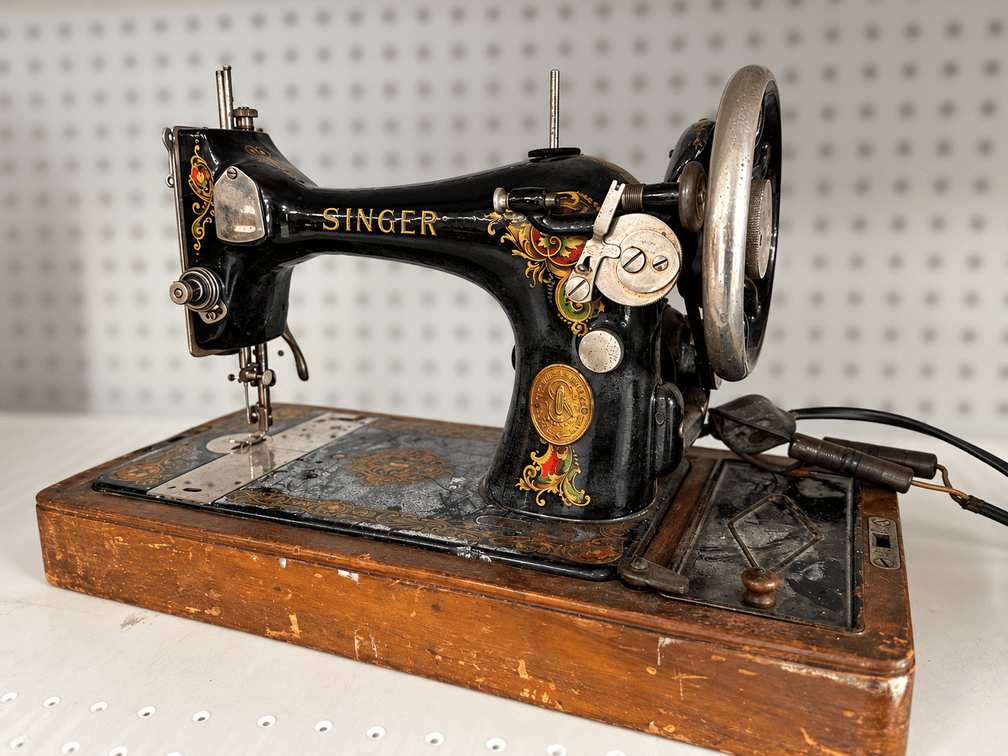 Vintage Singer Cast Iron Sewing Machine with Wooden Base