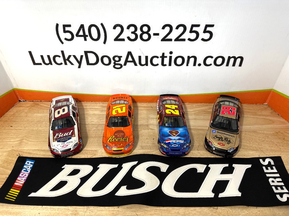 NASCAR Diecast Stock Cars (4) and Busch Series Banner