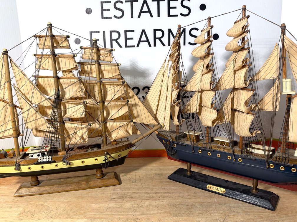 Two Wooden Model Tall Ships on Display Stands