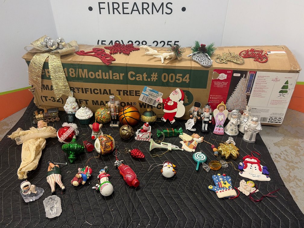 Pre-Lit Artificial Christmas Tree and Holiday Ornaments