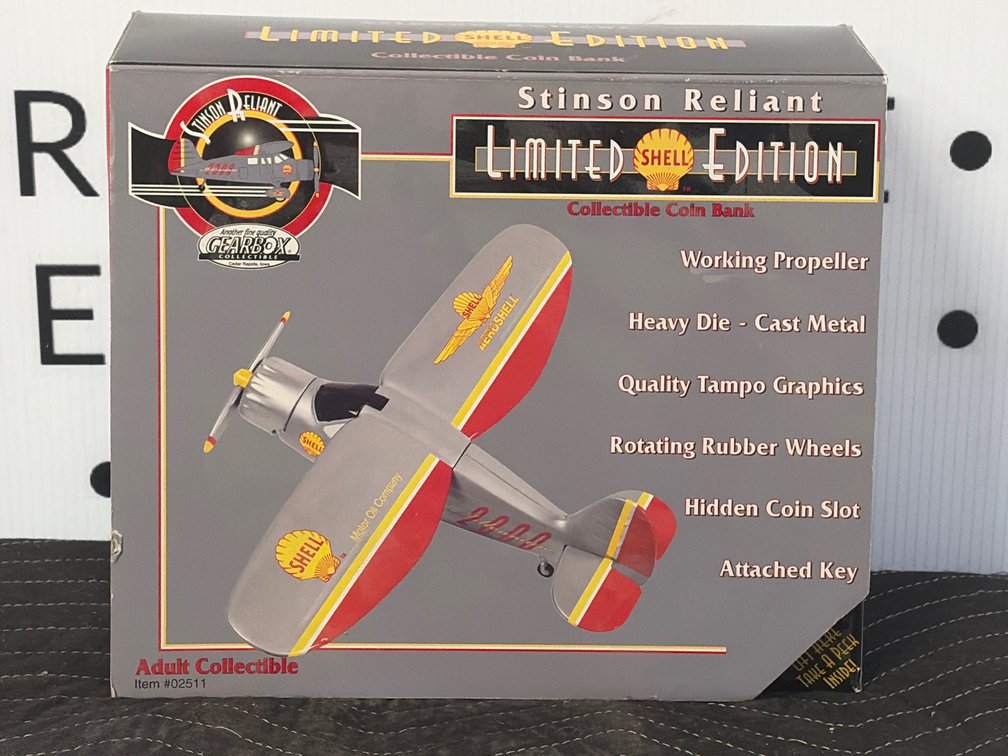 Gearbox Shell Stinson Reliant Die-Cast Airplane Coin Bank