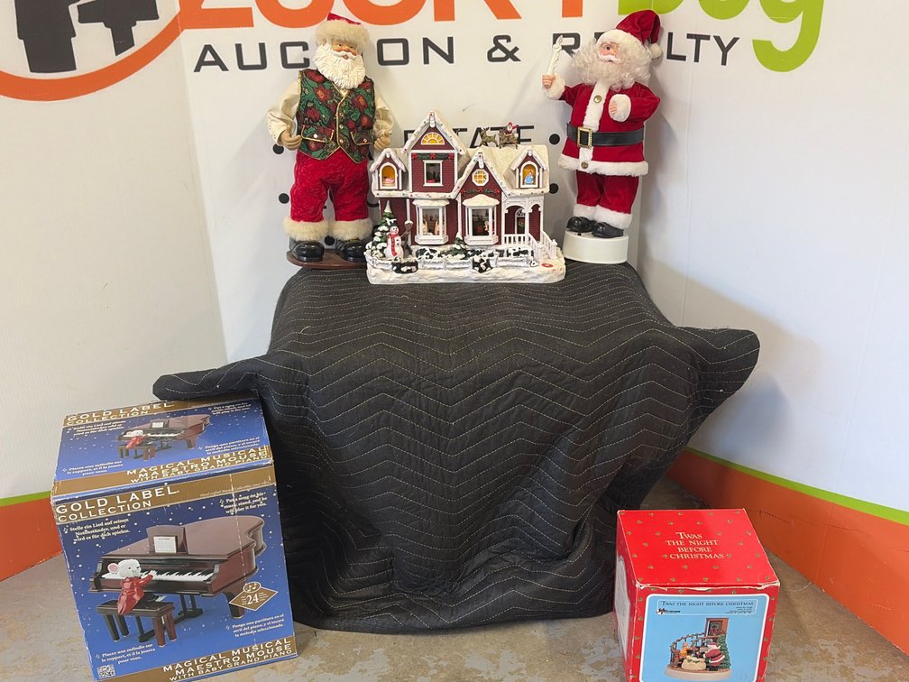 Santa Figures, Holiday Cottage Diorama, and Boxed Musicals
