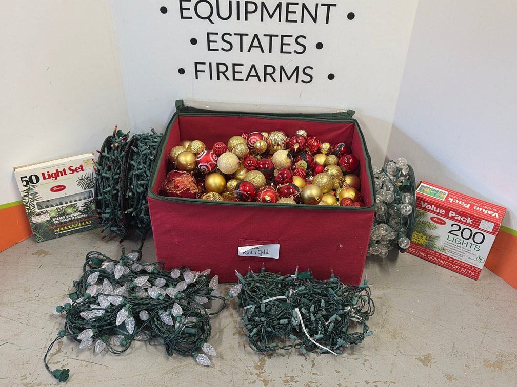 Christmas Ornaments,(7) String Lights, and Storage Bin