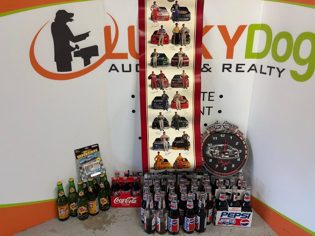 Stock Car Racing Clock, Die-Cast Car, Posters, and Coke, Pepsi, and Sun Drop Bottles