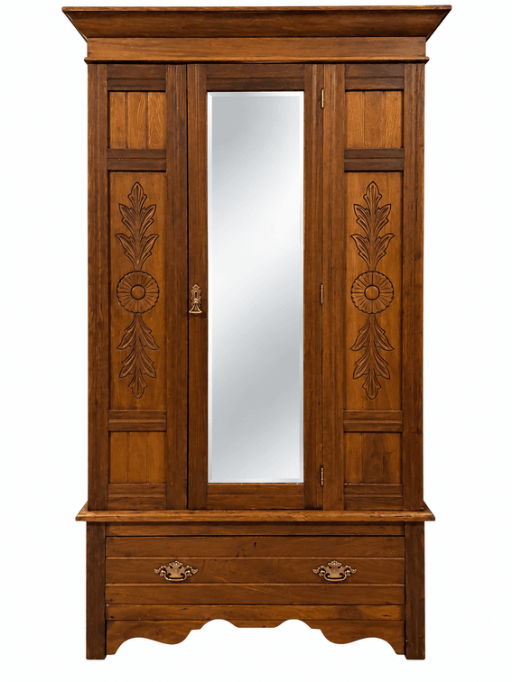 Carved Wood Armoire with Mirrored Door - 78” H x 16.5” D x 40” L